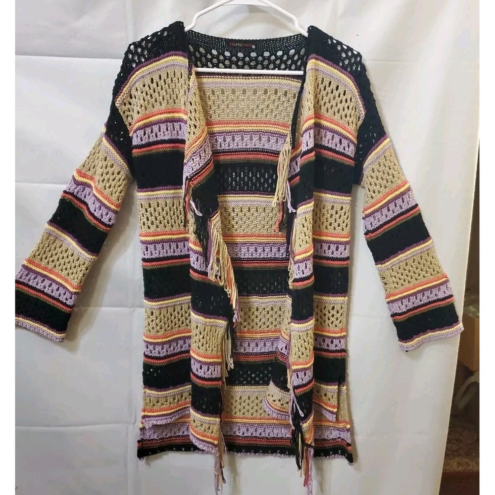 Punto Milano  OPEN FRONT CROCHET CARDIGAN Fringe Western-core Boho‎ Hippie 60's